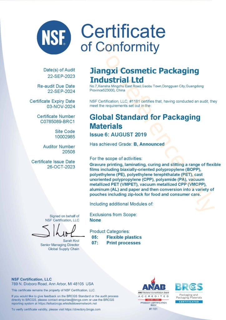 NSF:Global standard for Packaging Materials