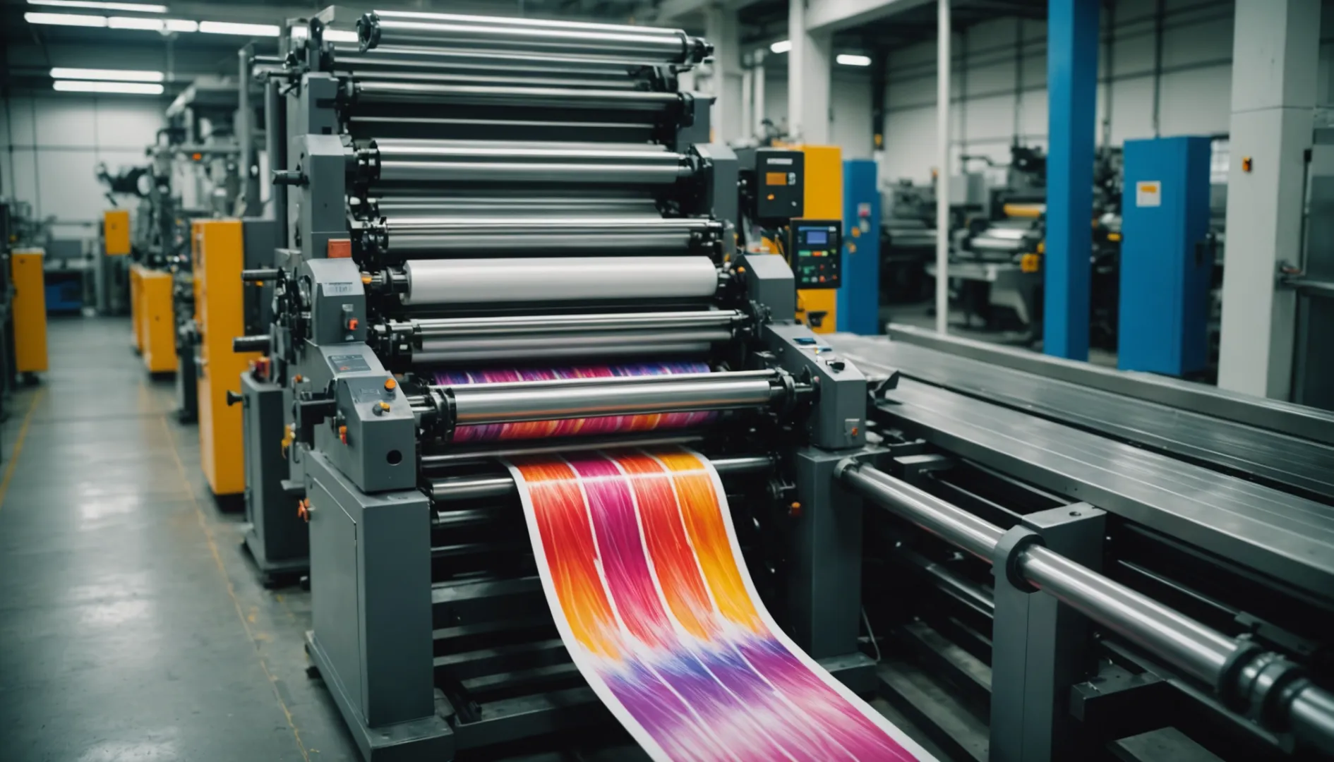 A modern gravure printing press in a factory setting