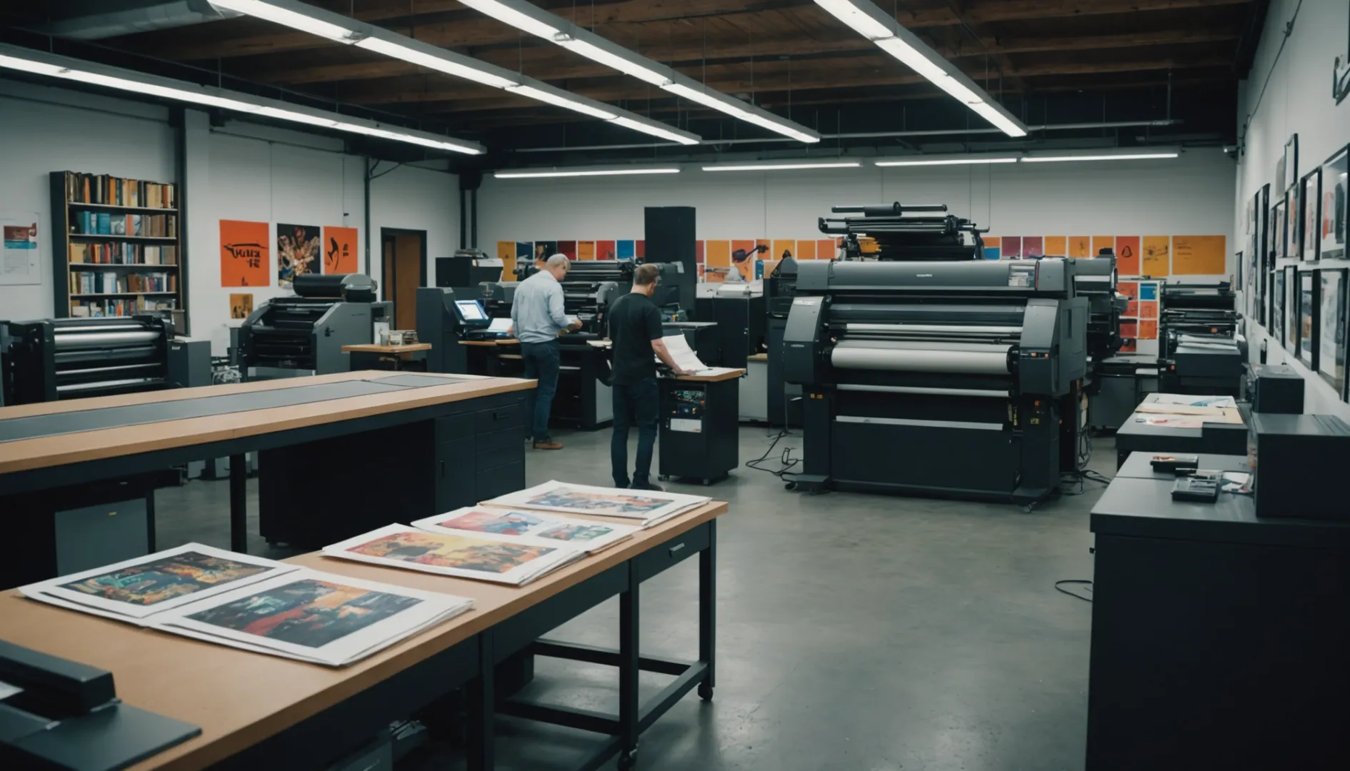 Comparison of offset printing press and digital printer in a modern print shop