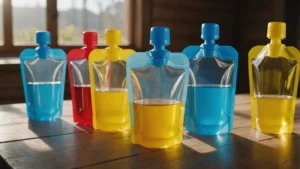 Various spout pouches filled with colorful liquids, arranged on a wooden surface