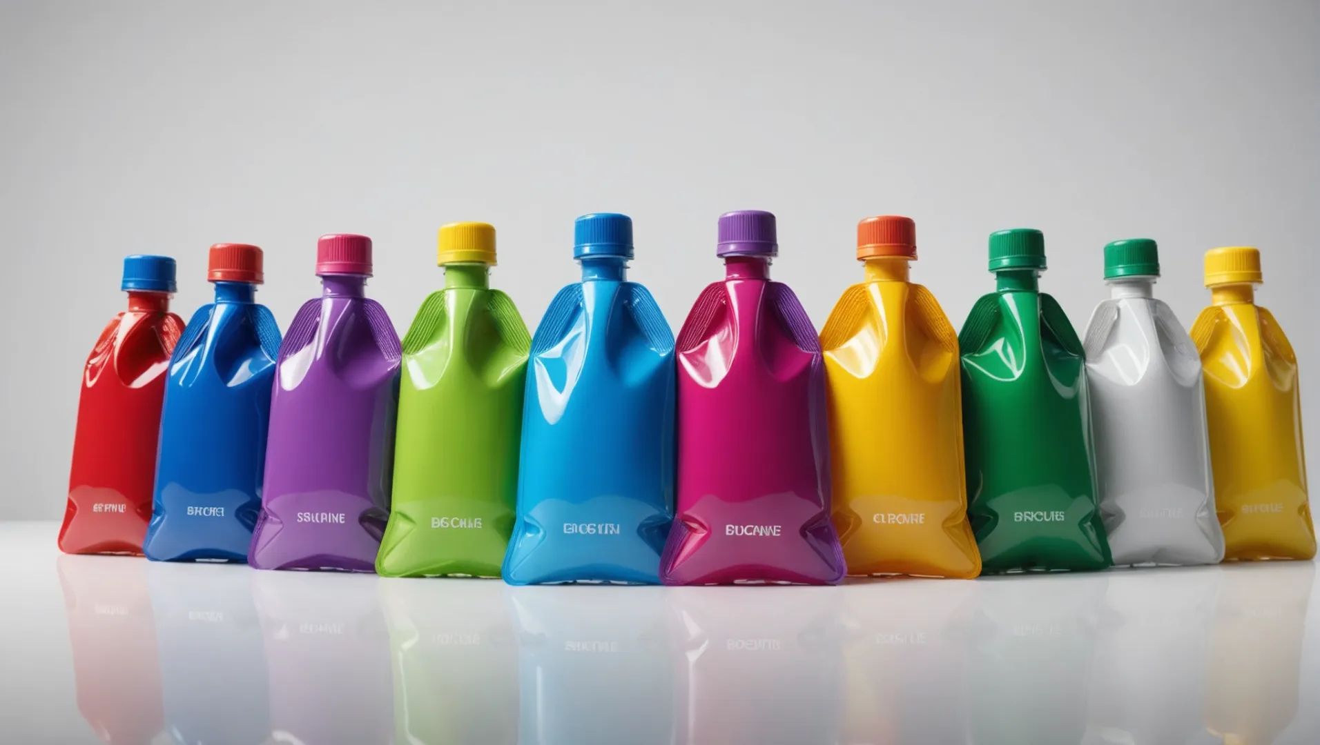 Various spout pouches filled with different liquids on a white background