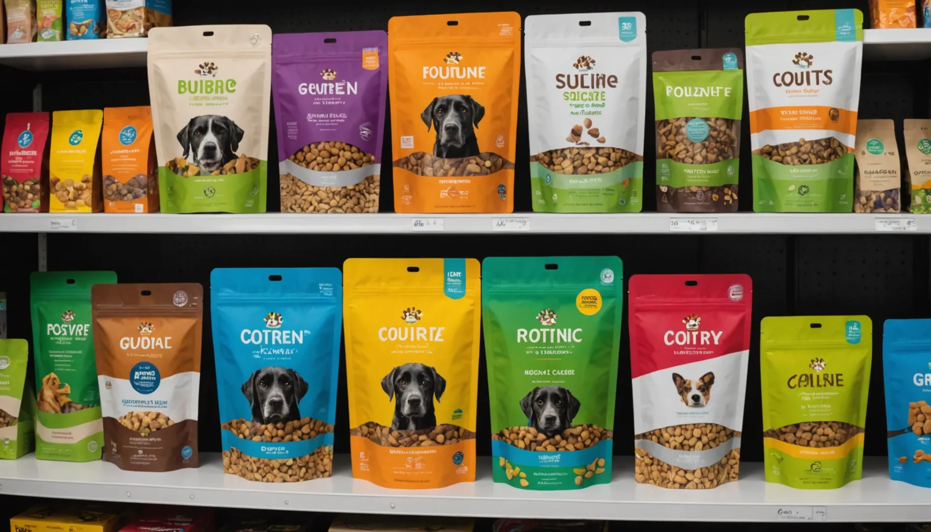 A variety of stand-up pouches for pet food displayed on a shelf.