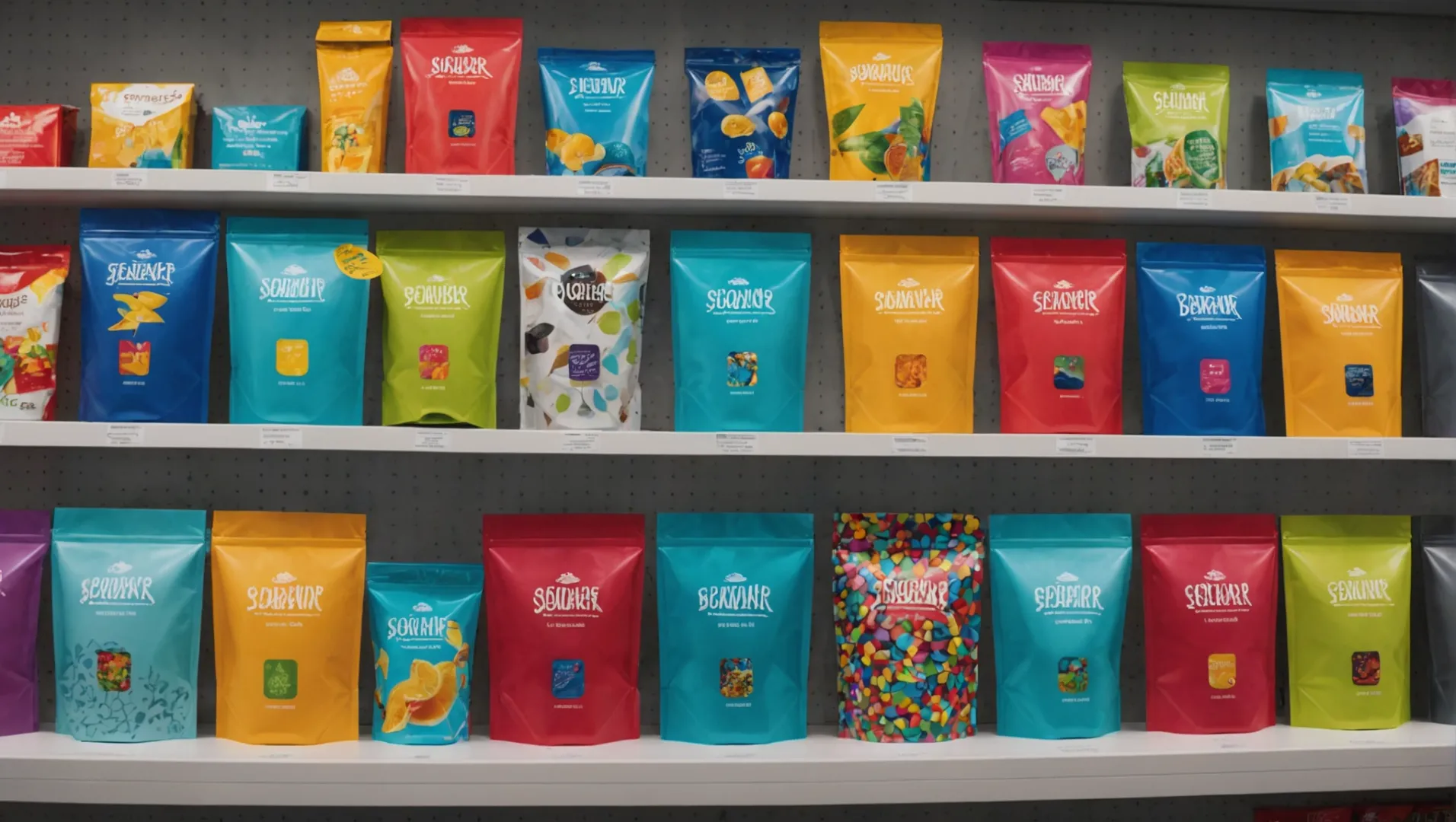 Stand-up pouches displayed on a retail shelf