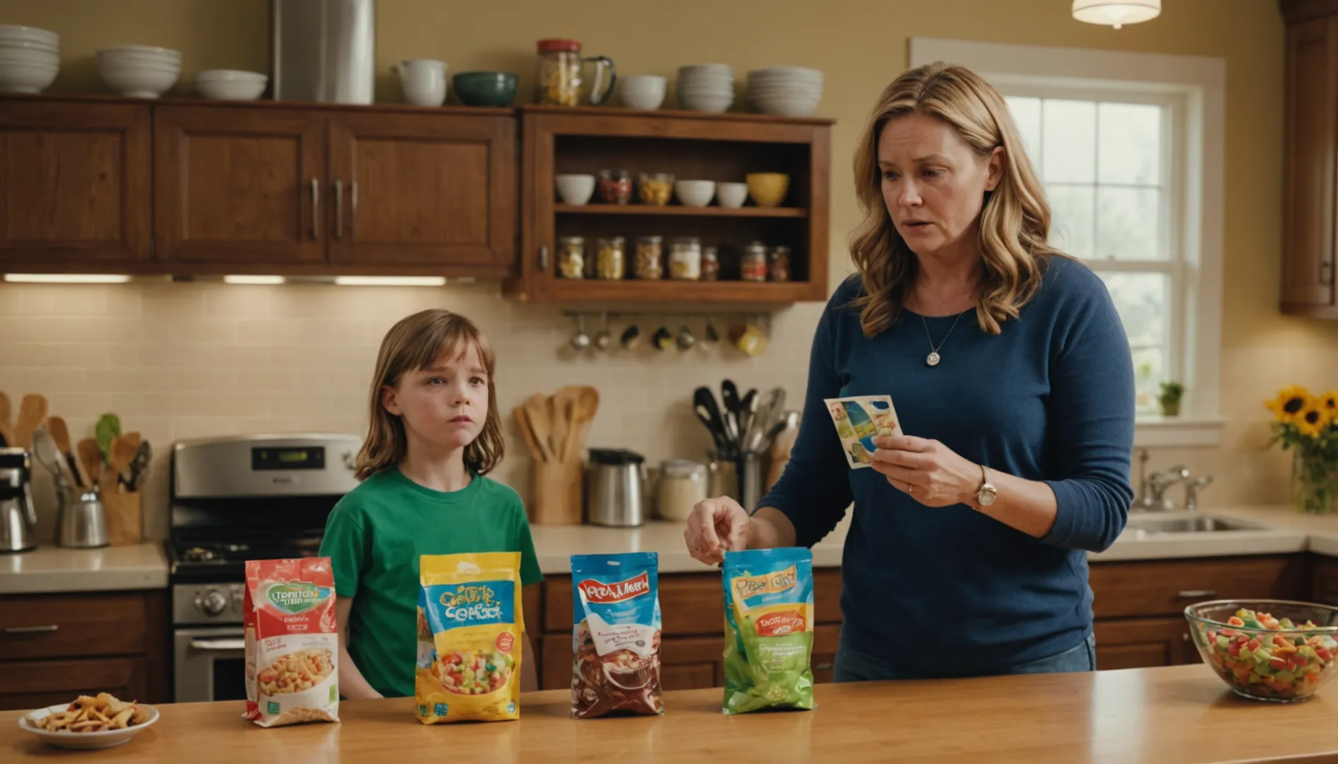 A parent examining a food pouch in a kitchen